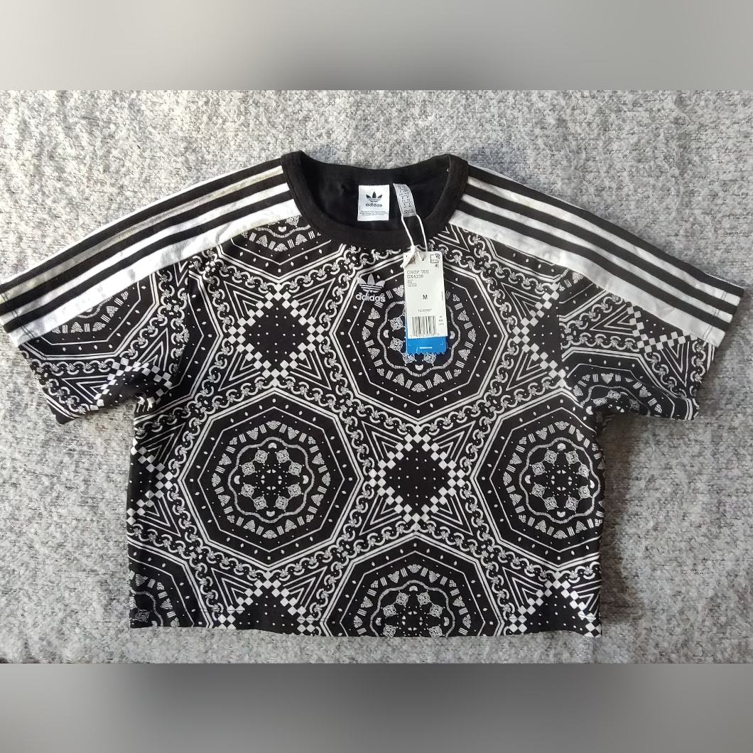 Adidas Black White Geometric Short Sleeve Tee Medium Bandana Pront Croppped